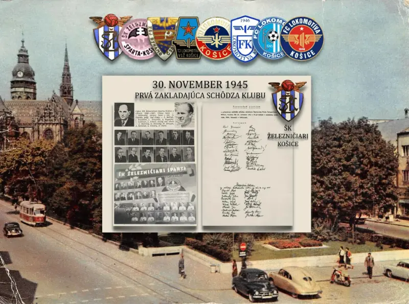 Historical photo showing founding act of FC Locomotiva Kosice